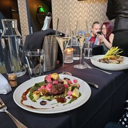 Nocturne - Pork & flank steak entrées. Gorgeous presentation.