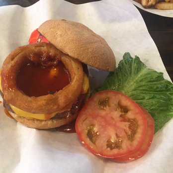 Phil's BBQ - Cheeseburger with BBQ sauce in the onion ring - YUM - Barbeque Near Me - San Diego, California