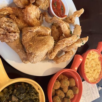 Cajun King Restaurant and Bar - Fried chicken, fried catfish, fried shrimp, fried okra, Mac and cheese, greens. The honey sauce for the fish was really good! - Cajun/Creole Near Me - Warr Acres, Oklahoma Cajun King Restaurant and Bar - Fried chicken, fried catfish, fried shrimp, fried okra, Mac and cheese, greens. The honey sauce for the fish was really good! - Cajun/Creole Near Me - Warr Acres, Oklahoma
