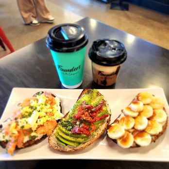 Founders Coffee - Toast Flight (Dekuxe Lox, Avocado, Banana Foster) Matcha Latte, Iced Tiramusu Latte - Coffee & Tea Near Me - Las Vegas, Nevada
