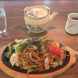 Prawn Yakisoba and Brown Rice tea. Prawn Yakisoba and Brown Rice tea.