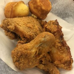 Fried chicken and French fries and their perfect little cornbread bites
