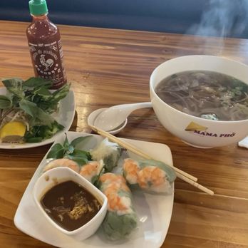 Mama Pho - Steaming Pho ga. Summer rolls- shrimp and sauce - Vietnamese Near Me - Honolulu, Hawaii