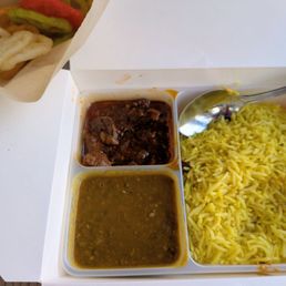 Lunch Vindaloo Bowl (takeout lunch box) - lamb vindaloo, lentil curry, rice.  Bag of "Fryums" (mexican duritos that go well with this).