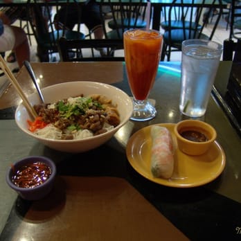 Pho Que Huong - 20100829 - The full meal!  A2 (minus one spring roll), V2 and Thai tea. - Vietnamese Near Me - Plano, Texas