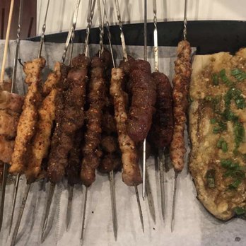 Top SF BBQ - Left to right: Beef Back Strap, Enoki in Bacon Wrap, Chicken, Lamb, Chicken Gizzard, Pork Belly, Taiwan Sausage, and Roasted Eggplant - Barbeque Near Me - San Francisco, California