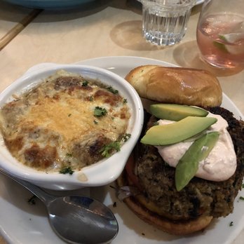 Over the Counter - Black bean burger, swapped potato chips for French onion soup. - New American Near Me - Worthington, Ohio Over the Counter - Black bean burger, swapped potato chips for French onion soup. - New American Near Me - Worthington, Ohio