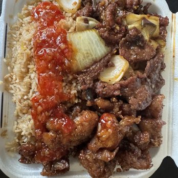 China Bull Express - 2 combo meal. Plain fried rice, Mongolian beef, Hong Kong chicken - Chinese Near Me - Pantego, Texas