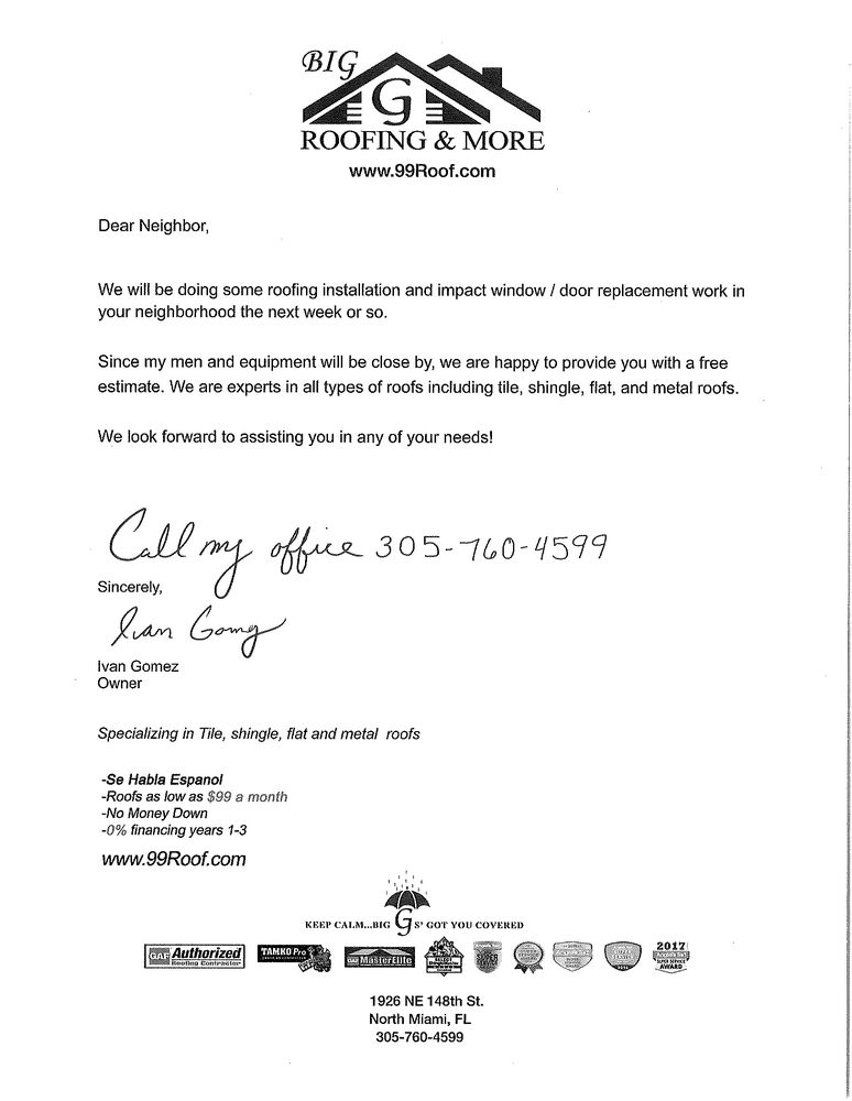 Slide of Big G Roofing & More