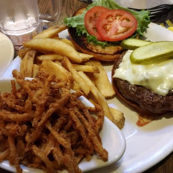 Colton's Steakhouse & Grill - Swiss mushroom burger with a side of crispy onion strings. YUM. - Steakhouses Near Me - Cabot, Arkansas
