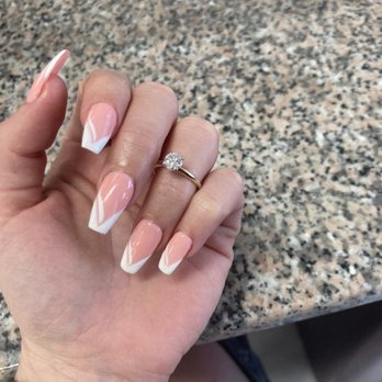 Mai's Nails - 'Blade of grass' French tip with coral peach base - Nail Salons Near Me - San Diego, California