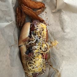 The Rivers And Rails Tavern - Chili Cheese Dog with Sweet Potato Fries