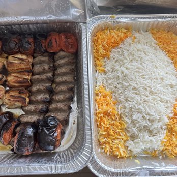 Shiraz Mediterranean Grill - Spicy Chicken (it's not spicy) and Ground Beef Kabob served family style. One extra tomato. - Persian/Iranian Near Me - Dallas, Texas