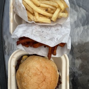 Buns And Patties - BNP Smash Burger on Gluten Free Bun, regular fries with salt, and sweet potato fries - Burgers Near Me - Berkley, Michigan Buns And Patties - BNP Smash Burger on Gluten Free Bun, regular fries with salt, and sweet potato fries - Burgers Near Me - Berkley, Michigan