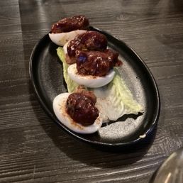 deviled eggs with Barbecue chicken nuggets