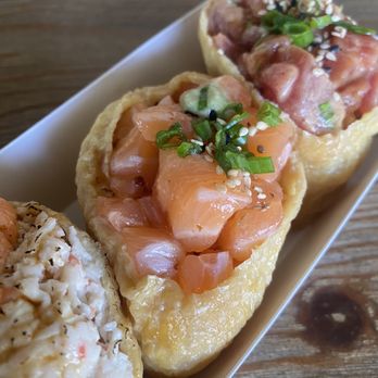 Atoyubu - $5 FRESH SALMON: raw salmon on top of sushi rice and wrapped in a sweet tofu skin - Japanese Near Me - Buena Park, California Atoyubu - $5 FRESH SALMON: raw salmon on top of sushi rice and wrapped in a sweet tofu skin - Japanese Near Me - Buena Park, California