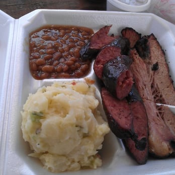 Brooks' Place - 2-meat plate special (brisket, sausage, potato salad, baked beans) - Barbeque Near Me - Cypress, Texas