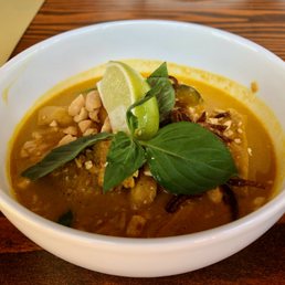 Thai yellow curry: a mild yellow curry broth with chicken, Kabota squash, rice noodles, fried shallots and peanuts. Thai yellow curry: a mild yellow curry broth with chicken, Kabota squash, rice noodles, fried shallots and peanuts.