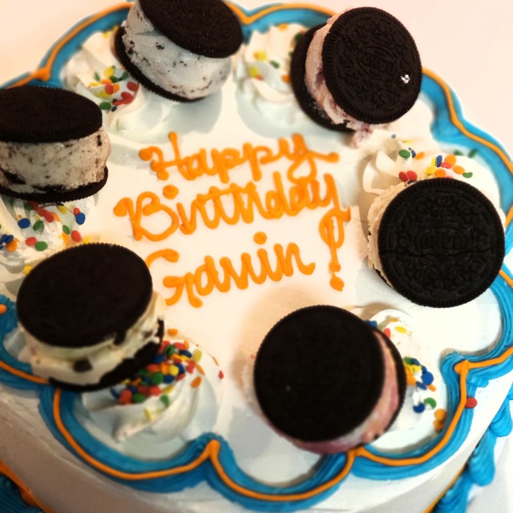 Cotton Candy Ice Cream Cake topped with Oreo Ice Cream Sandwiches