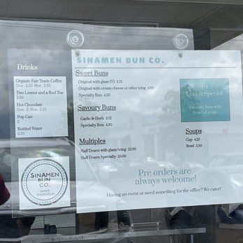 Sinamen Bun - a sign in the window of a business - Bakeries Near Me - Chilliwack, British Columbia