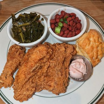 Fixins Soul Kitchen - Friend chicken, red beans and rice, greens, biscuit and butter - Soul Food Near Me - Sacramento, California