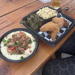 A Little Taste of Culture - Shrimp and grits with the fried chicken, greens, and Mac n cheese.