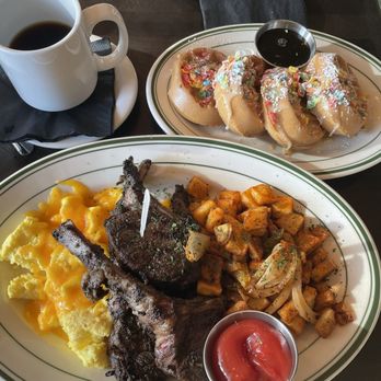 Taste Kitchen Bar - Rack of lamb, scrambled eggs, breakfast potatoes, mini waffles with fruity pebble topping. AMAZING - Breakfast & Brunch Near Me - Houston, Texas Taste Kitchen Bar - Rack of lamb, scrambled eggs, breakfast potatoes, mini waffles with fruity pebble topping. AMAZING - Breakfast & Brunch Near Me - Houston, Texas