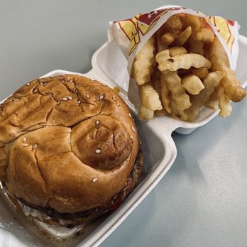 Paradise Pup - Char Cheddar Burger with grilled onions and side of small fries - Fast Food Near Me - Des Plaines, Illinois