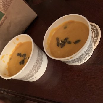 Panera Bread - Autumn Squash Soup. The one on the left in a "large" but has the same amount as the side which is on the right. - Salad Near Me - Hoover, Alabama