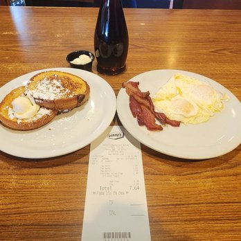 Denny's - French toast, 2 slices bacon, 2 eggs over medium. Total $7.64 including tax - American Near Me - Santa Ana, California Denny's - French toast, 2 slices bacon, 2 eggs over medium. Total $7.64 including tax - American Near Me - Santa Ana, California