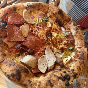 Pie Tap Pizza + Rotisserie + Bar - Large pizza (Half meat lovers & half chicken) - Pizza Near Me - Frisco, Texas Pie Tap Pizza + Rotisserie + Bar - Large pizza (Half meat lovers & half chicken) - Pizza Near Me - Frisco, Texas