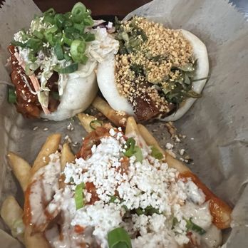 Hot Asian Buns - Our combo for the day - fried chicken boa, pork belly confit with Korean french fries - Asian Fusion Near Me - Sanford, Florida