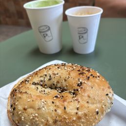 Matcha latte, cappuccino, and everything bagel