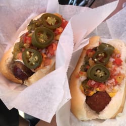 The Wagon - Bacon wrapped hot link on the left, Lockeford (Hawaiian) sausage on the right.. with EVERYTHING!