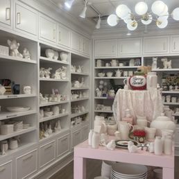 The shelves of available pottery to choose from.