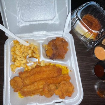 Lulu's Express - Fried Fish Platter (Fried Catfish, Fried Shrimp, Yellow Rice, Candied Yams, Mac & Cheese).  **Sauces on the side** *Honeybun Cornbread* - Chicken Wings Near Me - Charlotte, North Carolina