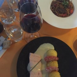 Paso Doble - Mains: wok style spaghetti with beef and salmon with mashed potatoes and prawns