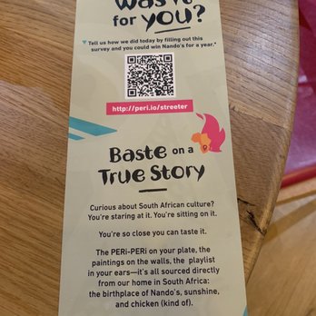 Nando's Peri-Peri - Yelp tip: QR code scan to let them know how it was abs maybe win some food!! - Chicken Shop Near Me - Chicago, Illinois Nando's Peri-Peri - Yelp tip: QR code scan to let them know how it was abs maybe win some food!! - Chicken Shop Near Me - Chicago, Illinois