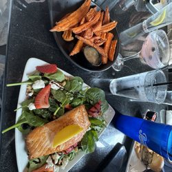 Strawberry Salmon Salad with side of Sweet Potato Fries