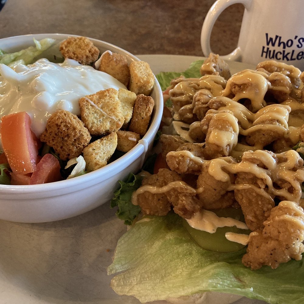 Huckleberry's Breakfast and Lunch - Shrimp Po boy and side salad with blue cheese dressing - Breakfast & Brunch Near Me - Modesto, California Huckleberry's Breakfast and Lunch - Shrimp Po boy and side salad with blue cheese dressing - Breakfast & Brunch Near Me - Modesto, California