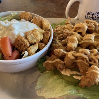 Huckleberry's Breakfast and Lunch - Shrimp Po boy and side salad with blue cheese dressing - Breakfast & Brunch Near Me - Modesto, California