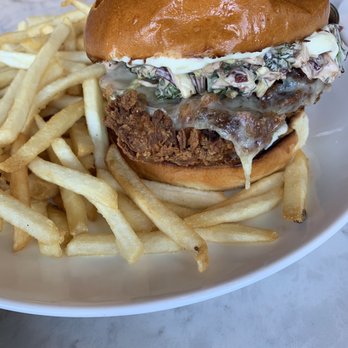 H Cafe - Buttermilk Brined Fried Chicken Sandwich. Fries were perfect - Breakfast & Brunch Near Me - Los Angeles, California