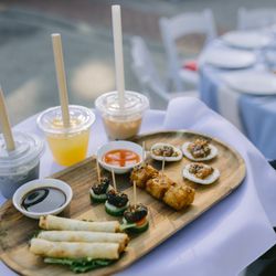 Le's Kitchen Catering - A sample of all Hors D'oeuvres reserved for the couple. Poke+shrimp cracker, shrimp youtiao, egg roll, and lemongrass beef