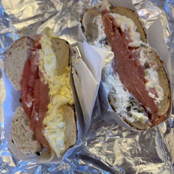 The Bagel Shop - Left side was the Lox and Beyond Sandwich and right side was the Upper East Sider Sandwich - Bagels Near Me - New York, New York The Bagel Shop - Left side was the Lox and Beyond Sandwich and right side was the Upper East Sider Sandwich - Bagels Near Me - New York, New York