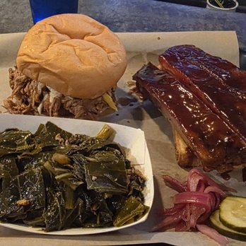 Lawless Barbecue - Super Sweet Dr.Pepper-esque Ribs, Pulled Pork, and Overcooked sliced bacon with UNDERCOOKED Greens! - Barbeque Near Me - Portland, Oregon Lawless Barbecue - Super Sweet Dr.Pepper-esque Ribs, Pulled Pork, and Overcooked sliced bacon with UNDERCOOKED Greens! - Barbeque Near Me - Portland, Oregon