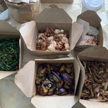 Burma Superstar - Pea shoots, eggplant with garlic sauce, walnut prawns, chili lamb, coconut rice - Burmese Near Me - Alameda, California Burma Superstar - Pea shoots, eggplant with garlic sauce, walnut prawns, chili lamb, coconut rice - Burmese Near Me - Alameda, California