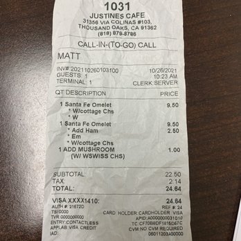 Justine's Cafe - a receipt for a restaurant - Fast Food Near Me - Westlake Village, California Justine's Cafe - a receipt for a restaurant - Fast Food Near Me - Westlake Village, California