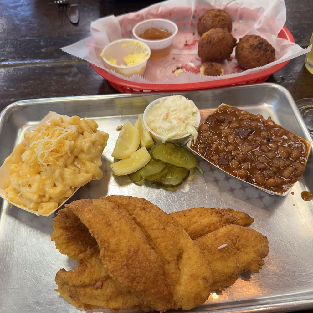 Bluegrass BBQ - Catfish entree with Mac and cheese and baked beans - Barbeque Near Me - Pembroke, Virginia