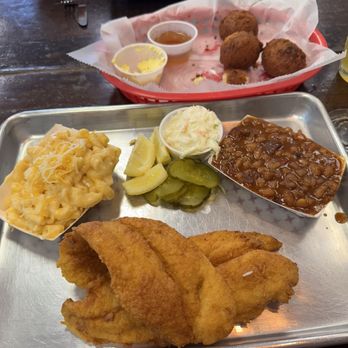 Bluegrass BBQ - Catfish entree with Mac and cheese and baked beans - Barbeque Near Me - Pembroke, Virginia