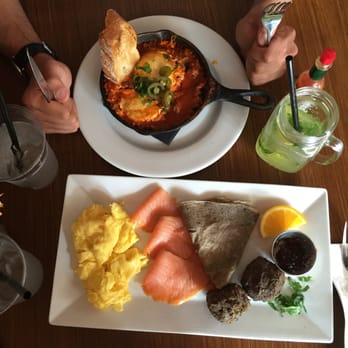 Blue Daisy - Baked egg meatsauce &a scrambled eggs with smoked salmon (gluten-free) with a mint lemonade on the side. - Creperies Near Me - Santa Monica, California Blue Daisy - Baked egg meatsauce &a scrambled eggs with smoked salmon (gluten-free) with a mint lemonade on the side. - Creperies Near Me - Santa Monica, California